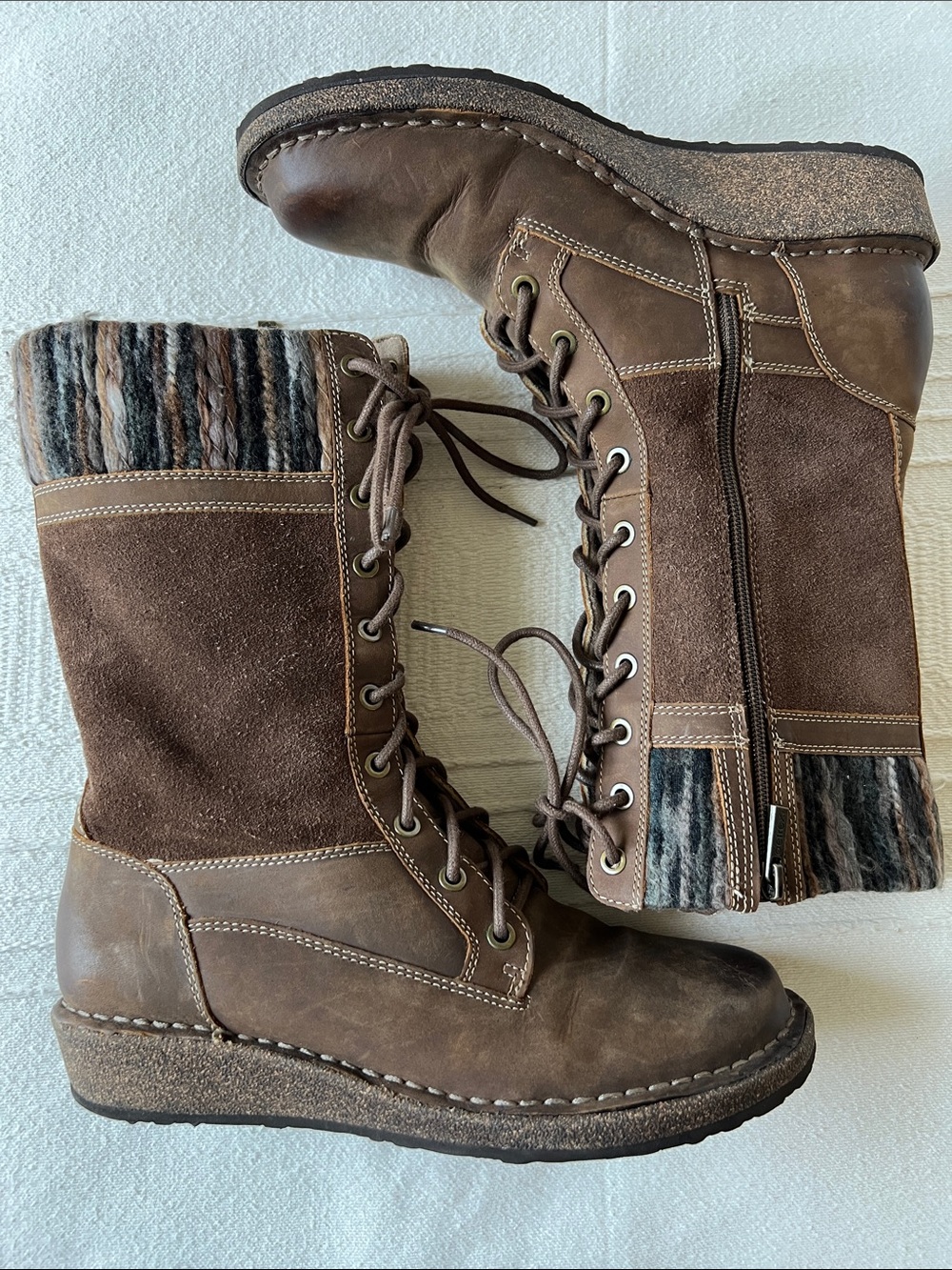 Aetrex women’s Elsa Brown Lace-Up Suede Mid-Calf Boots with Patterned Cuff